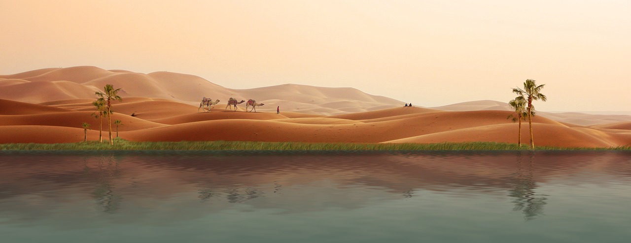 Calm oasis in the desert, three camels in the distance.