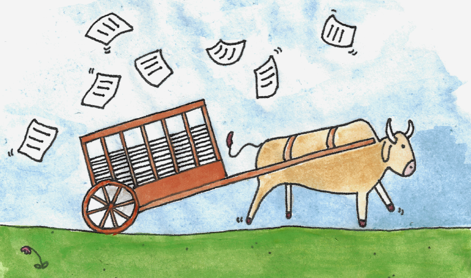 A watercolour painting of an ox cart full of documents, with documents up in the air.