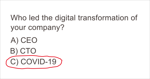 Popular meme showing a multiple choice question: Who led the digital transformation of your company? a)CEO b)CTO c)COVID-19 with the last option, COVID-19, circled in red.