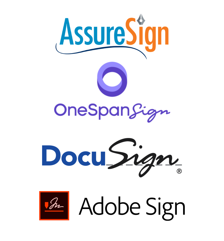 Examples of e-signature providers ActiveDocs can integrate with: AssureSign, OneSpan Sign, DocuSign, AdobeSign.