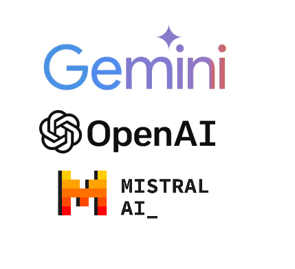 Logos of Google Gemini, OpenAI, and Mistral AI.