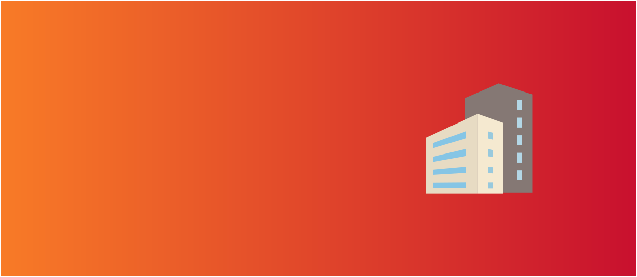 Orange and red background with a commercial building icon