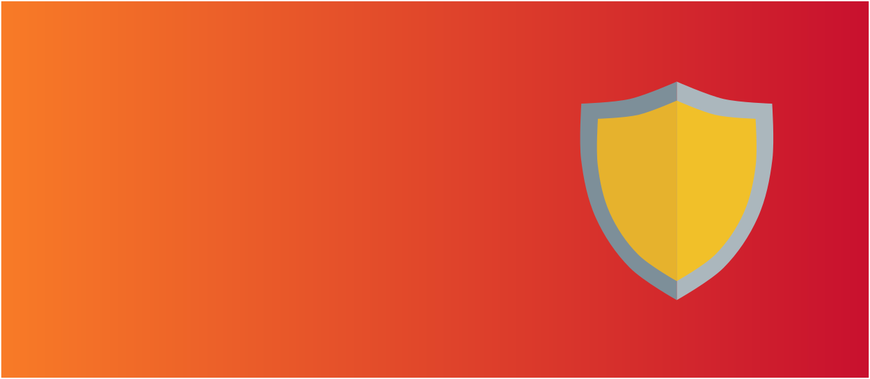 Orange and red background with a gold shield icon