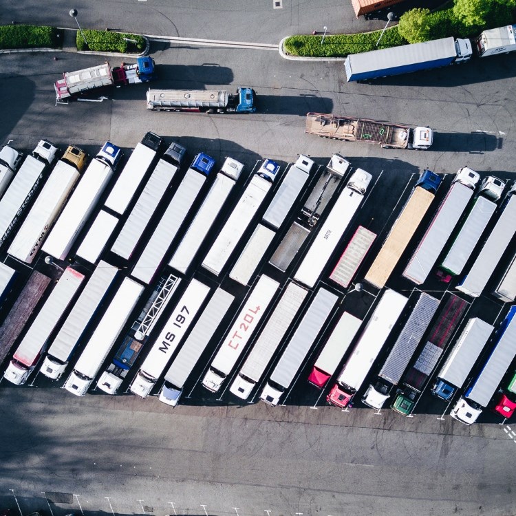 Aerial view of trucks on a parking lot