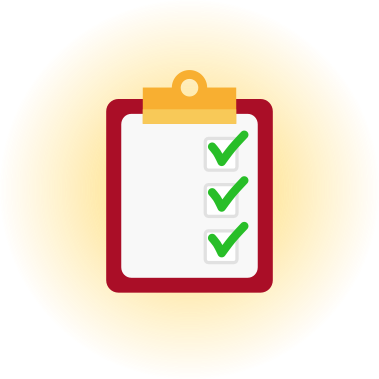 Icon of a red clipboard with three checked checkboxes, against a glowy golden background.