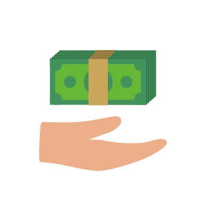 Icon of a person's hand holding up a neat stack of green dollar bills.