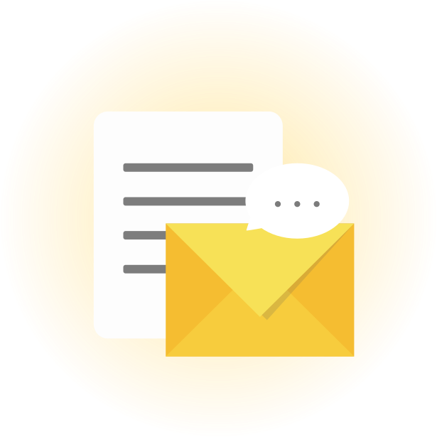 Icon of a document, a yellow envelope, and a chat bubble, on a glowy gold background.