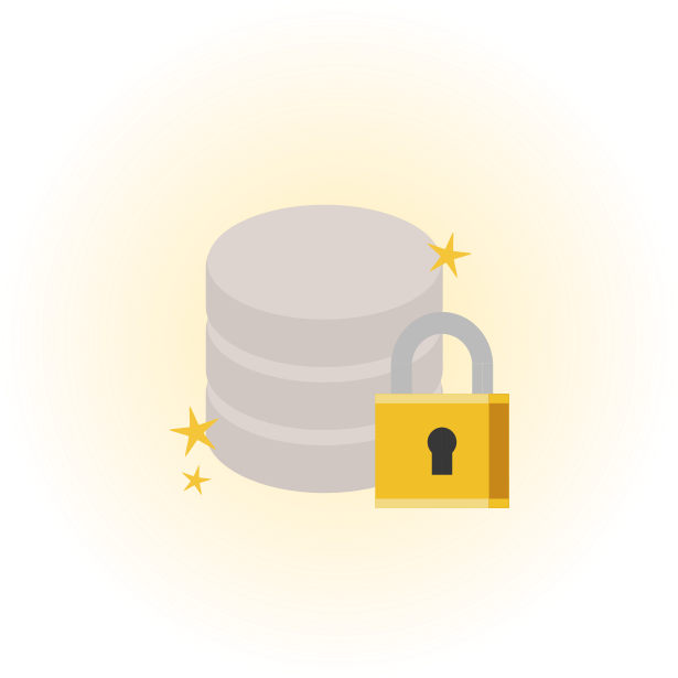 Icon of a database and a padlock, with a glowy golden background.