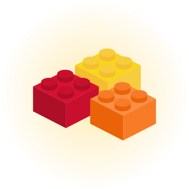 Icon of red, orange, and yellow lego bricks, with a glowy golden background.