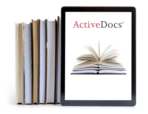 A tablet PC showing books and ActiveDocs logo.