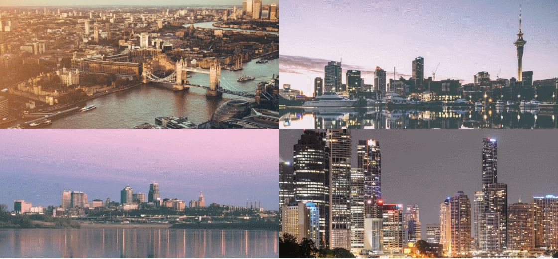 Collage of the four ActiveDocs office locations: London, Auckland, Kansas City, and Brisbane.