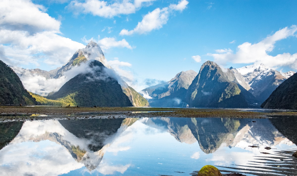 Milford Sounds peaks against a clear blue sky.