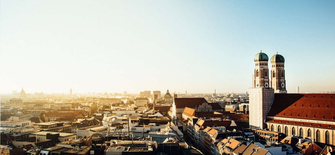 Munich cityscape with blue sky.
