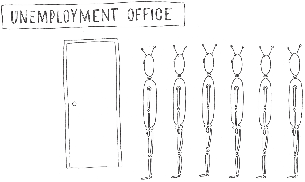 A hand-drawn illustration of robots lines up outside an Unemployment office.