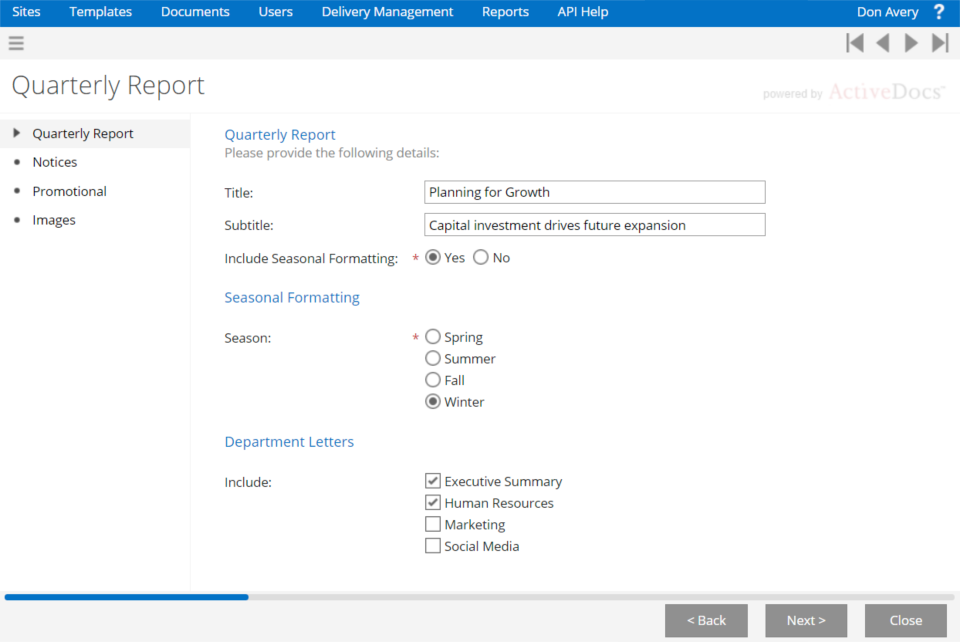 ActiveDocs document automation software screenshot from the Document Wizard showing a questionnaire capturing data from the business user