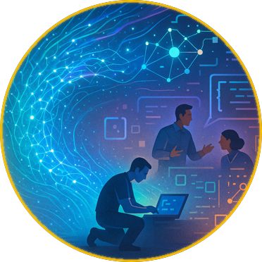 Digital landscape in the age of AI with thriving exceptional elements.