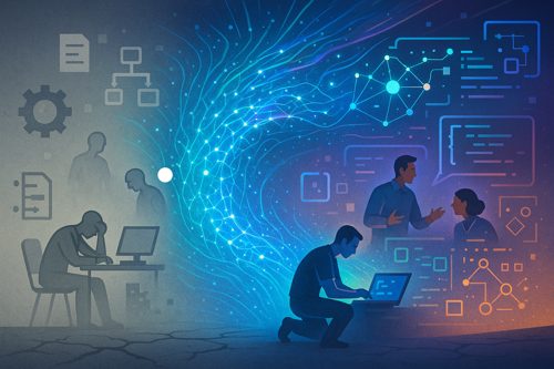 Digital landscape divided by AI, highlighting fading average and thriving exceptional elements.