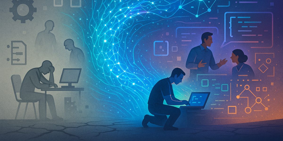 Digital landscape divided by AI, highlighting fading average and thriving exceptional elements.