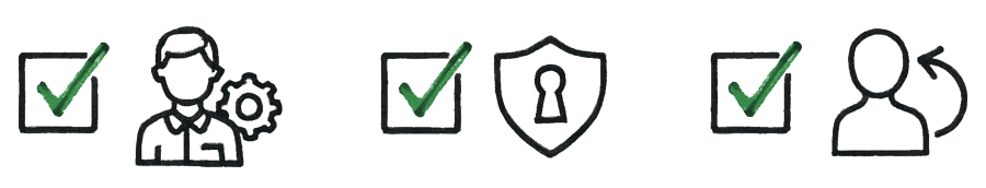 An image of three checked checkboxes with icons illustrating concepts of skilled personnel, security and compliance, and change management.