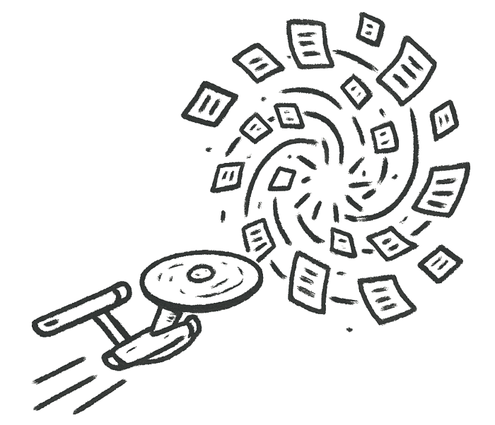 A black and white drawing of the starship Enterprise heading into a centre of a spiral galaxy made of swirling documents.