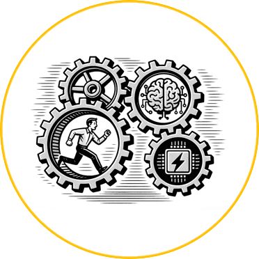 A drawing of a number of gears with one gear having a human inside running like inside a hamster wheel.
