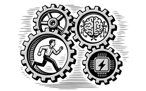 A drawing of a number of gears with one gear having a human inside running like inside a hamster wheel.