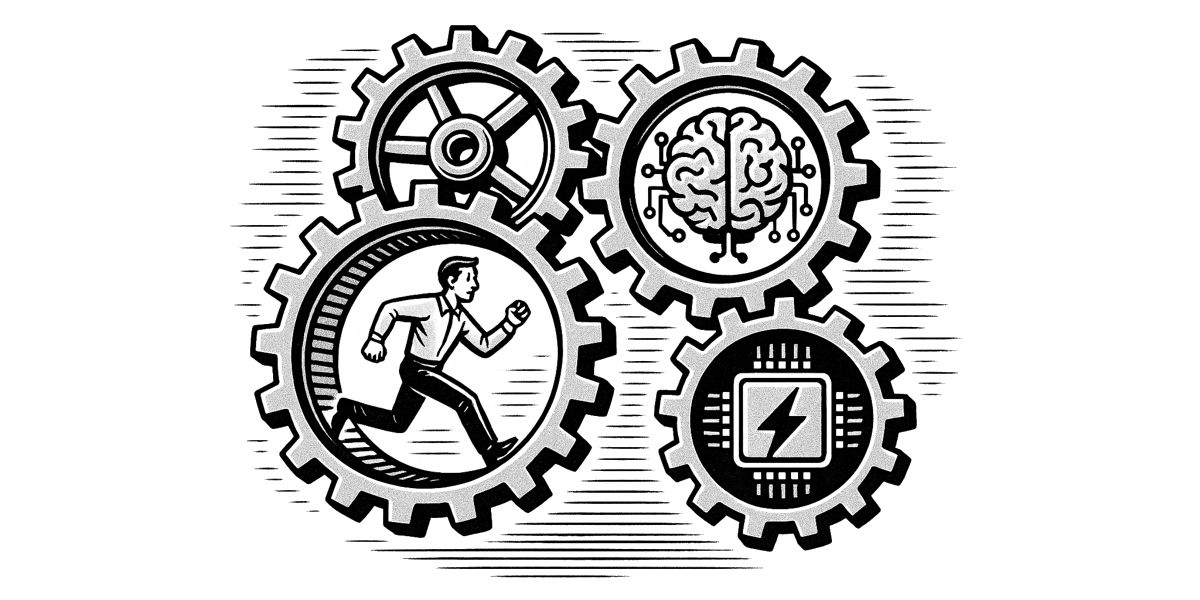 A drawing of a number of gears with one gear having a human inside running like inside a hamster wheel.