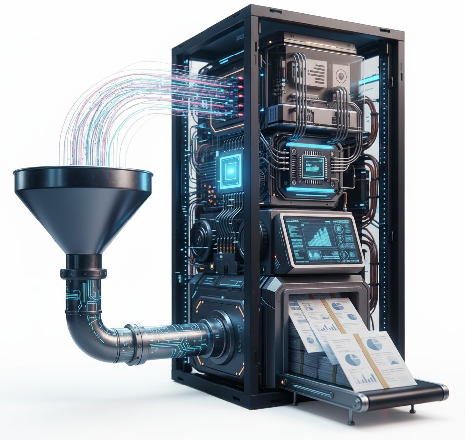 A render of a funnel and a sophisticated processing machine
