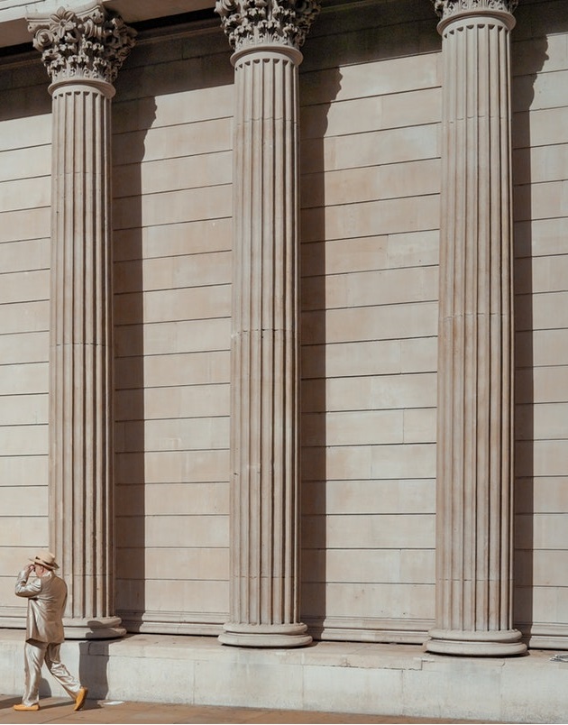 Old and impressive bank building with pillars