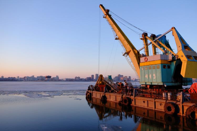 Crane against a cityscape