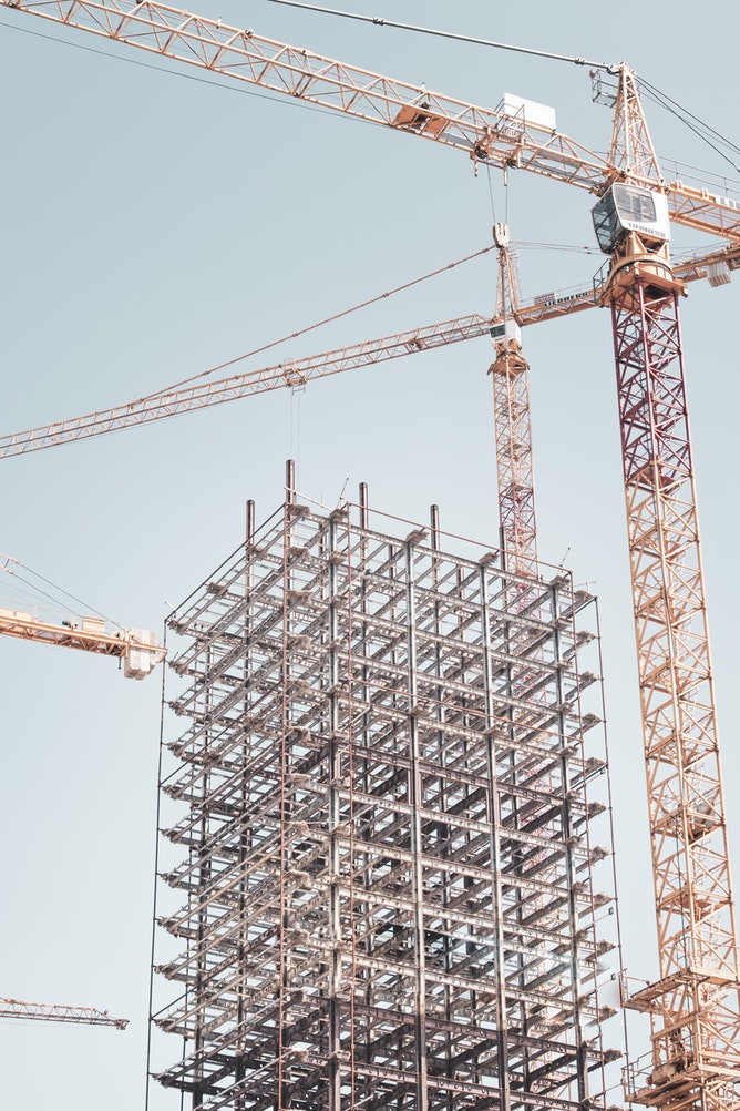 Construction of a high-rise building with a crane