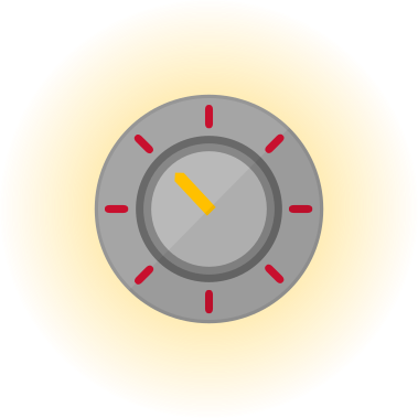 Icon of a volume dial, against a glowy golden background.