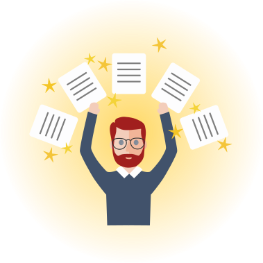 Icon of a young man with documents up in the air, and some gold stars, on a glowy gold background.