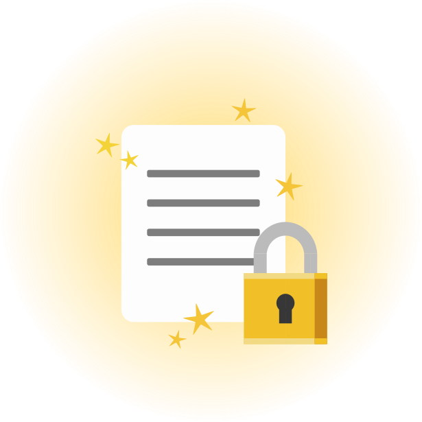 Icon of a document template, and a big gold padlock, against a glowy golden background.
