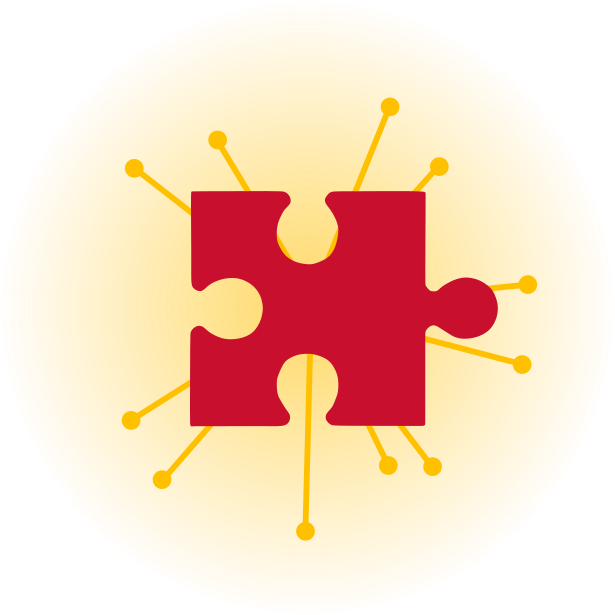 Icon of a red puzzle piece, with a glowy golden background, and connecting lines coming out of it.
