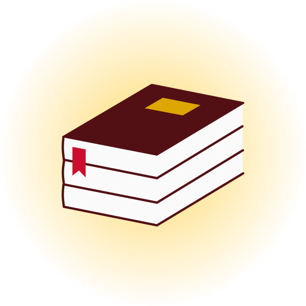 Icon of a stack of red leather-bound books, with a glowy golden background.
