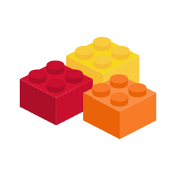 Icon of three lego bricks in yellow, orange, and red.