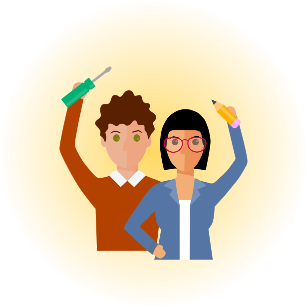Icon of two employees, one holding a screwdriver and the other a pencil, with a glowy golden background.