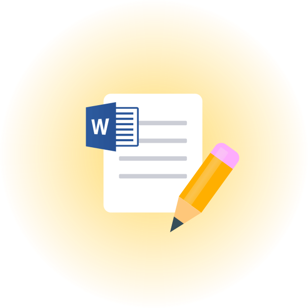 Icon of a document, yellow pencil, and the Microsoft Word logo, against a glowy golden background.
