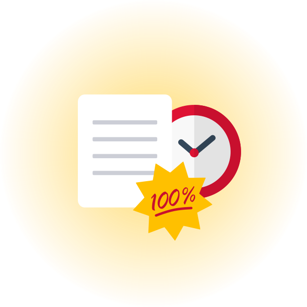 Icon of a document, a red clock, and a yellow starburst with the writing 100%, on a glowy gold background.